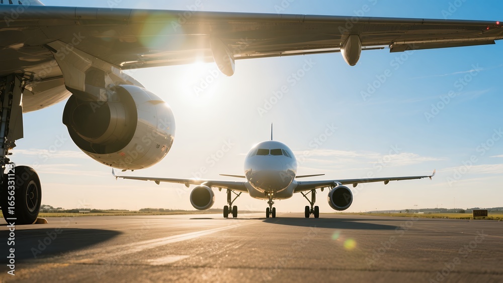 Fototapeta premium Passenger Airplane on Runway with Bright Sunlight and Clear Blue Sky