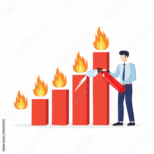 Crisis management vector showing businessman solving financial problem. Represents risk control and business stability.