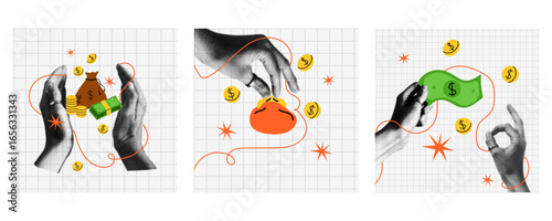 Money hand halftone. Realistic Arm hold different dollar banknotes, golden coins. Piggy bank, credit card, wallet. Bank symbols. Investment earnings income. Finance business banner, vector cartoon set