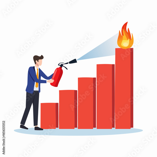 Crisis management vector showing businessman solving financial problem. Represents risk control and business stability.