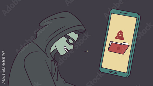 Cartoon Hacker with Smartphone and Data Breach.