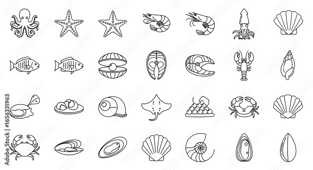 Obraz premium Collection of diverse seafood and marine life illustrations on white background