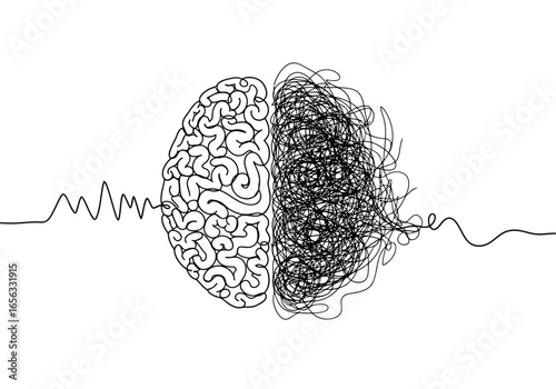 Vector illustration of conceptual illustration of a human brain split into two halves one organized and clear, the other chaotic and tangled, representing mental states