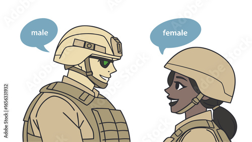 Cartoon Soldiers Male and Female Military Personnel.
