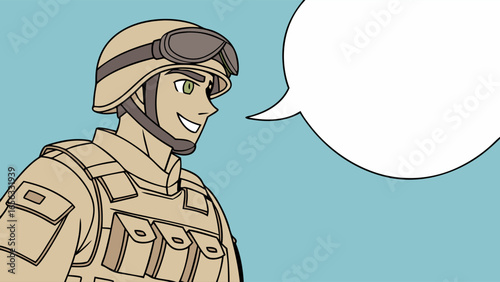 Cartoon Soldier with Speech Bubble on Blue Background.