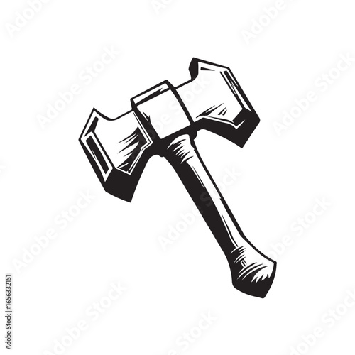Vector illustration of a classic axe with a traditional design, featuring detailed sharp blade and wooden handle.