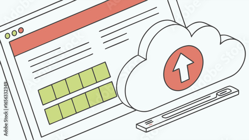 Cloud Upload Illustration with Website Interface and USB Drive.