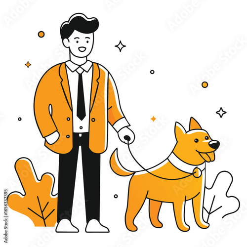Man in a business suit walking a dog in an urban park. Smiling adult male in formal attire leading a friendly dog on a leash with a park background.