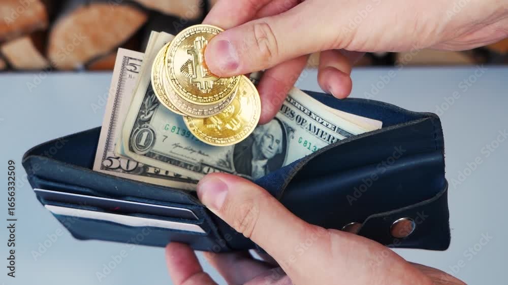 Digital currency, digital gold of the future. Bitcoin and other cryptocurrency coins in a wallet close-up. Money transactions and dollar and usdt exchange. Financial market and investments
