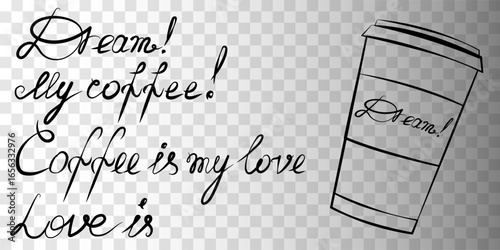 vector illustration features a unique coffee cup and artistic text expressing love for coffee. The design combines playful elements and a minimalist style, perfect for coffee cups