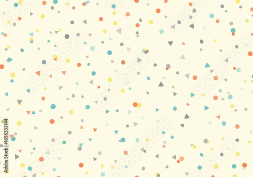 Vector illustration of a seamless pattern of colorful confetti, circles, and triangles scattered across a light cream background, perfect for festive designs and celebrations