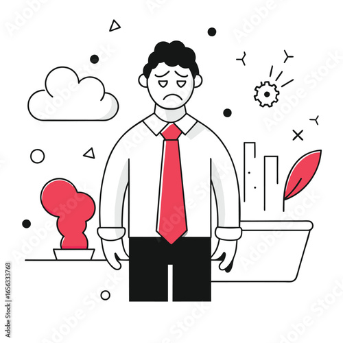 Sad businessman in formal attire standing in a modern office setting. Displaying dejection and frustration in a contemporary workspace environment.