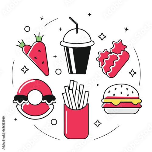 Fast food icons with diverse menu items in vibrant colors. Colorful circular arrangement of various fast food items on a white background.