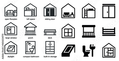 Home and interior outline icons set – furniture, decor, architectural symbols