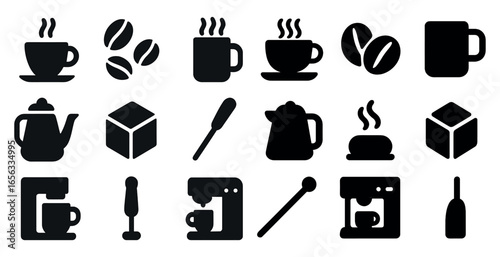 Coffee and cafe silhouette icons set – flat, filled, beverage and barista symbols