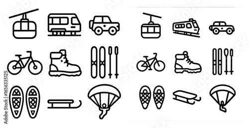 Outdoor adventure outline icons set – linear, silhouette, travel and recreation symbols