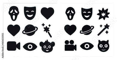 Theater and entertainment icons set – solid, filled, drama and film symbols collection