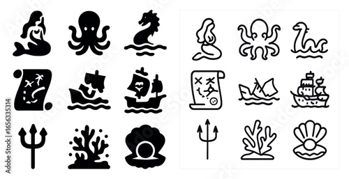 Marine adventure icons set – silhouette, outline, ocean and sea life symbols