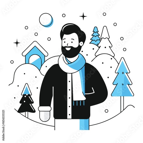 Smiling man in winter attire standing in a snowy landscape. Happy adult male in a warm jacket, scarf, and mittens enjoying a snowy scene.