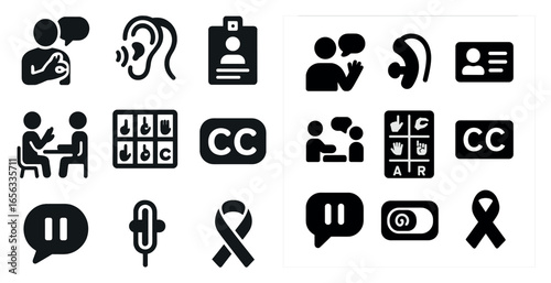 Accessibility and communication solid icons set – healthcare, language support symbols