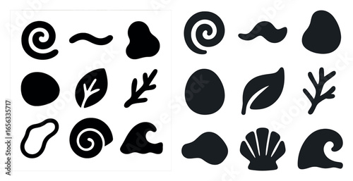 Nature and organic shape silhouette icons set – solid, filled, leaf and wave symbols