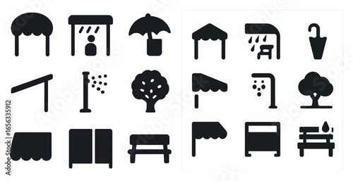 Outdoor protection silhouette icons set – shade, rain, shelter and canopy symbols