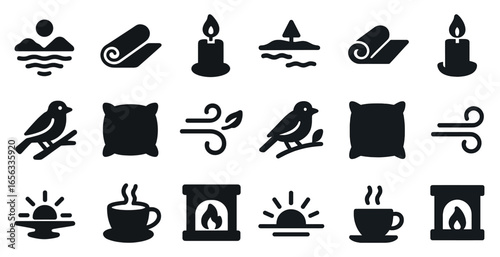 Relaxation and spa solid icons set – serene, filled, wellness symbols
