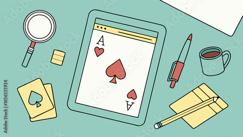 Illustrated Tablet Displaying Ace of Hearts and Spades.