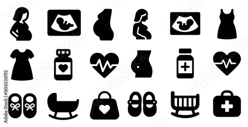 Pregnancy and maternity icons set – solid, silhouette, motherhood symbols