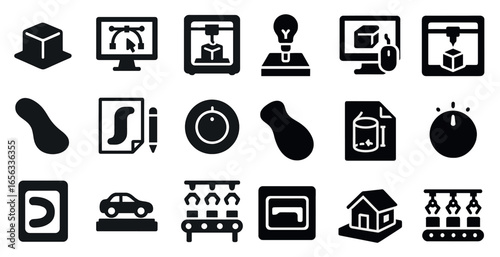 3d printing flat icons set – solid, filled, manufacturing and prototyping symbols