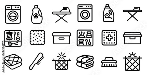 Laundry and cleaning outline icons set – linear, household, washing symbols