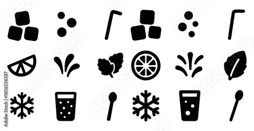 Beverage and refreshment solid icons set – filled, drinks, cocktail symbols