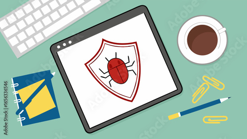 Digital Security Shield with Bug Icon on Tablet Screen.