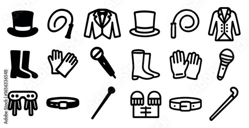 Circus performer outline icons set – line, silhouette, entertainment and show symbols