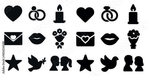 Love and romance silhouette icons set – wedding, valentine, romantic symbols