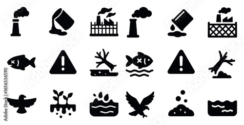 Environmental awareness solid icons set – filled, pollution, eco-friendly symbols