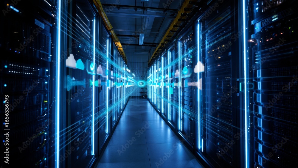 Fototapeta premium Data Center: High-Tech Server Room with Cloud Computing Visualizations