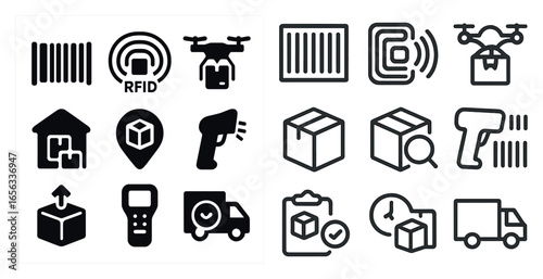 Logistics and shipping icons set – solid, filled, delivery and transportation symbols