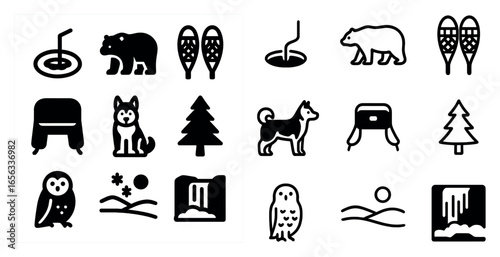 Winter sports silhouette icons set – solid, filled, cold weather activity symbols