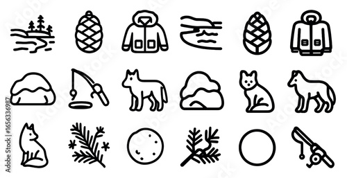 Winter adventure icons set – outline, linear, cold weather and outdoor symbols