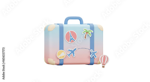 Colorful travel suitcase with travel stickers isolated on a transparent background suitable for design and travel-themed projects