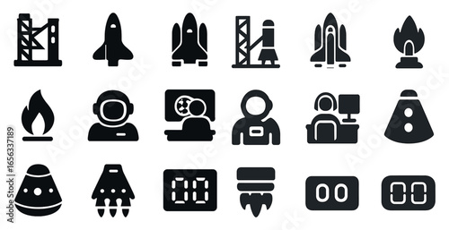 Space exploration solid icons set – filled, silhouette, astronaut and rocket symbols
