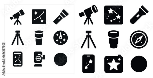 Astronomy tools solid icons set – filled, telescope and stargazing symbols