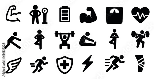 Fitness and health solid icons set – workout, exercise, gym symbols