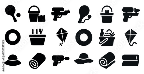Beach and leisure silhouette icons set – filled, outdoor, summer activity symbols