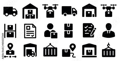 Warehouse and delivery solid icons set – filled, logistics, shipping symbols
