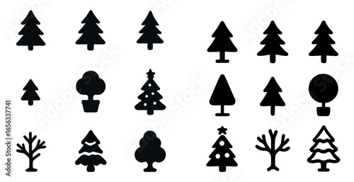 Nature and forestry silhouette icons set – outline, filled, tree and plant symbols