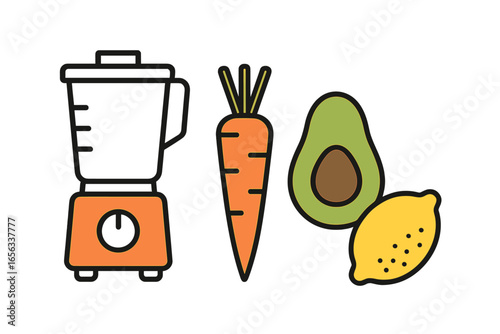 Blender with Carrot, Avocado, and Lemon Ingredients