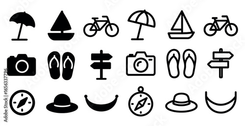 Vacation and recreation solid icons set - silhouette, travel, holiday symbols