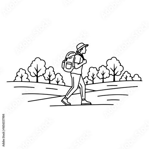 Image of a traveler walking on a winding path; ideal for travel blogs, banners, posters, or graphical elements.